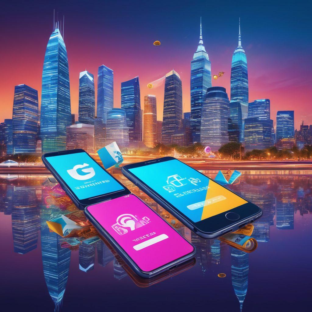 A digital collage illustrating the transition from traditional remittances to modern e-commerce. Showcase a diverse group of people using their phones to send money and shop online, with digital currency symbols and shopping carts floating around. The background features a city skyline blending finance and technology with vibrant colors and energetic lines representing movement. The overall feel is dynamic and futuristic, symbolizing growth and innovation. super-realistic. vibrant colors. 3D.