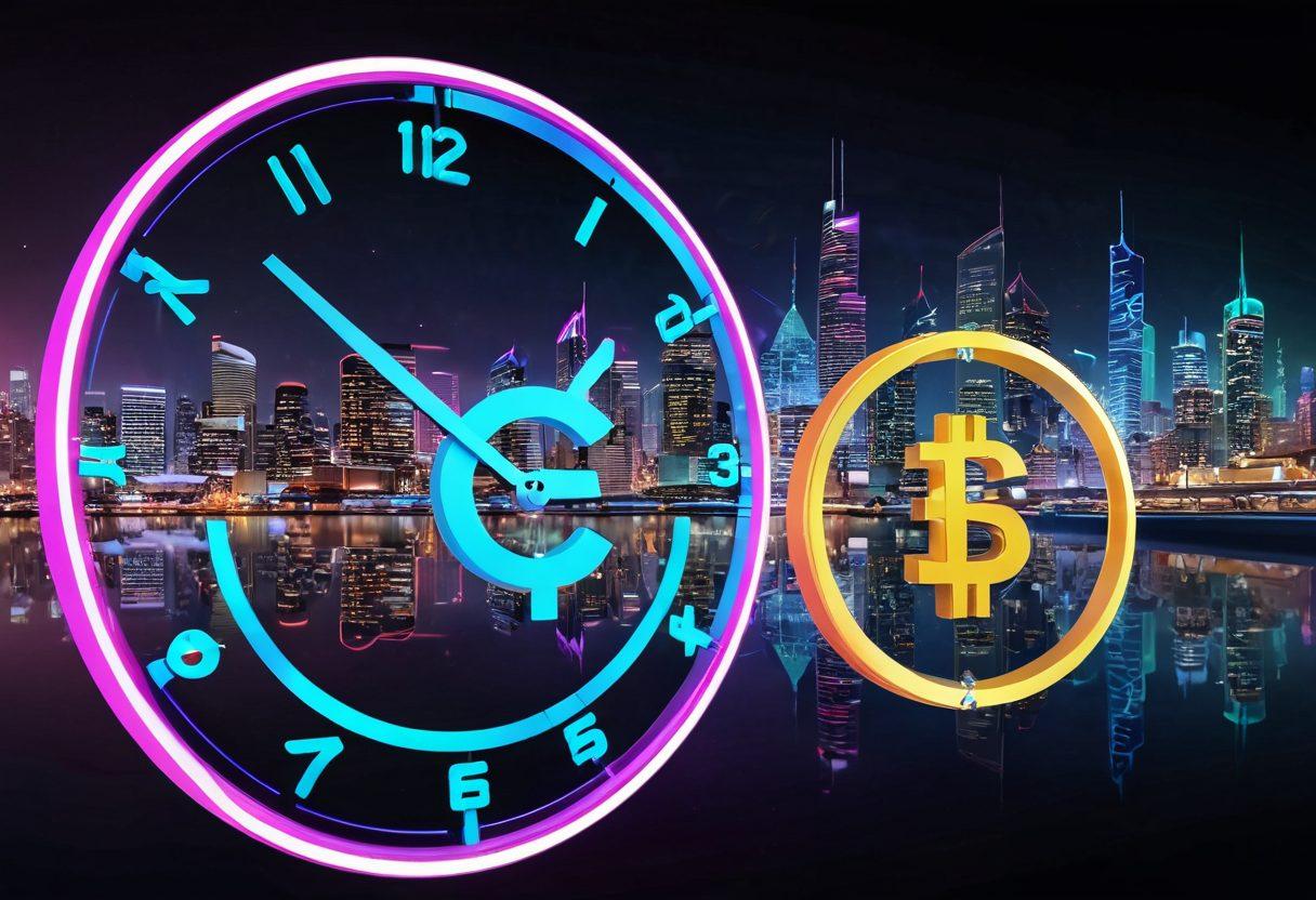 An abstract representation of futuristic fintech concepts, featuring digital currency symbols and innovative transaction interfaces, intertwined with clock motifs to emphasize 'chrono' in ChronoPay. A sleek, modern city skyline in the background to symbolize growth and advancement. Glowing neon colors to convey technology and innovation. super-realistic. vibrant colors. 3D.